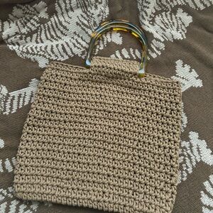 Tan Crochet Bag with Tortoise Shell Handles